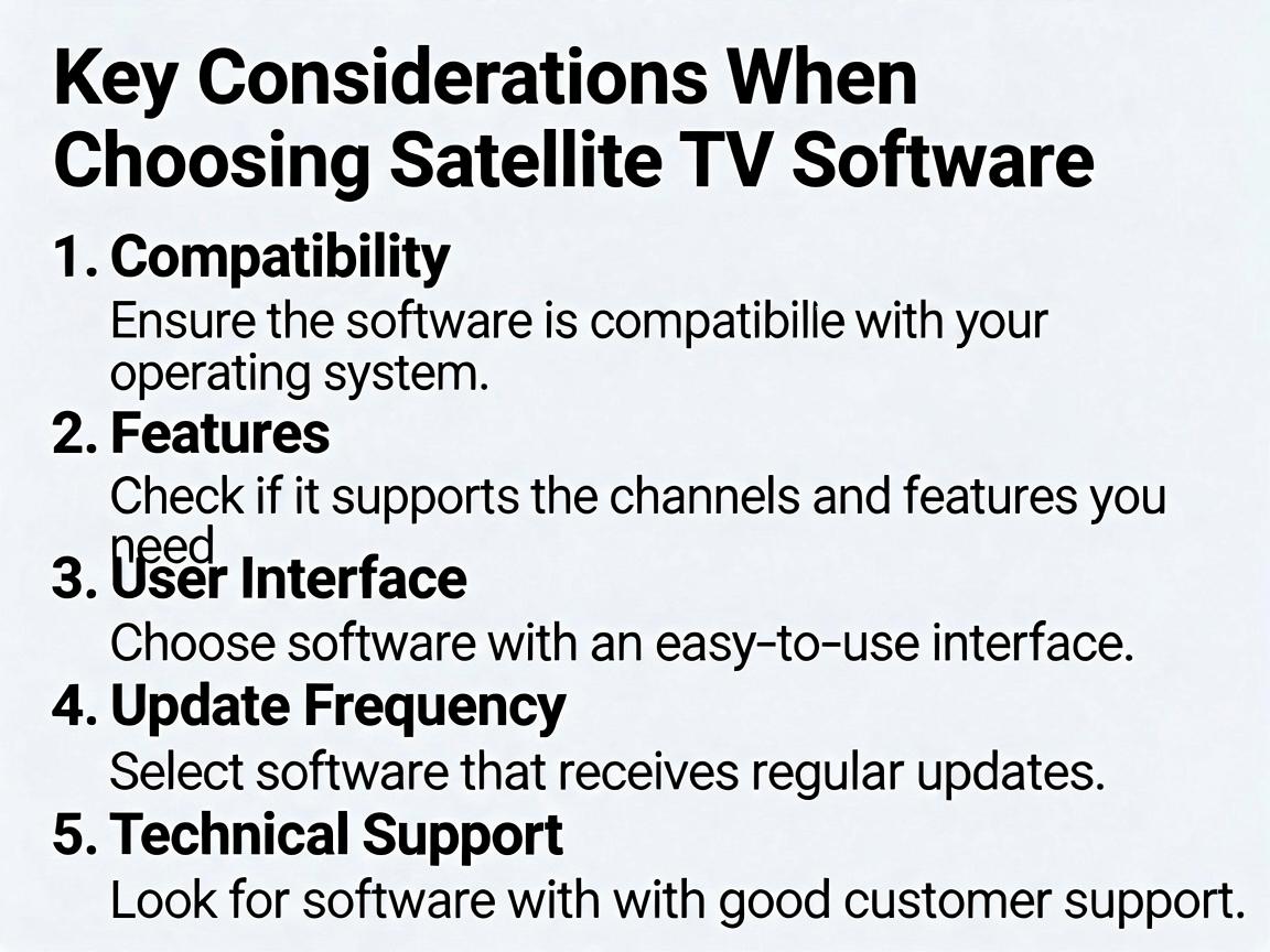 When choosing satellite TV software, there are several key factors to consider. This guide will help you understand how to select the best software for your needs.<br><br><h2>Key Considerations When Choosing Satellite TV Software</h2><br><br><b>1. Compatibility</b> - Ensure the software is compatible with your operating system<br><b>2. Features</b> - Check if it supports the channels and features you need<br><b>3. User Interface</b> - Choose software with an easy-to-use interface<br><b>4. Update Frequency</b> - Select software that receives regular updates<br><b>5. Technical Support</b> - Look for software with good customer support