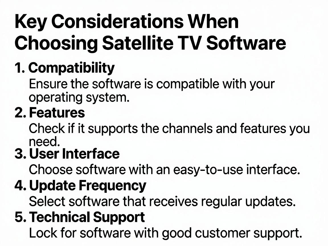 When choosing satellite TV software, there are several key factors to consider. This guide will help you understand how to select the best software for your needs.<br><br><h2>Key Considerations When Choosing Satellite TV Software</h2><br><br><b>1. Compatibility</b> - Ensure the software is compatible with your operating system<br><b>2. Features</b> - Check if it supports the channels and features you need<br><b>3. User Interface</b> - Choose software with an easy-to-use interface<br><b>4. Update Frequency</b> - Select software that receives regular updates<br><b>5. Technical Support</b> - Look for software with good customer support