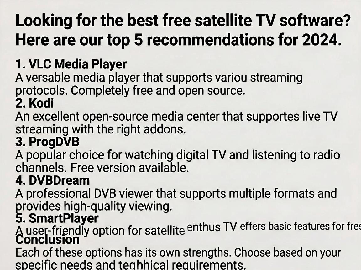 Looking for the best free satellite TV software? Here are our top 5 recommendations for 2024.<br><br><h2>1. VLC Media Player</h2><br>A versatile media player that supports various streaming protocols. Completely free and open source.<br><br><h2>2. Kodi</h2><br>An excellent open-source media center that supports live TV streaming with the right addons.<br><br><h2>3. ProgDVB</h2><br>A popular choice for watching digital TV and listening to radio channels. Free version available.<br><br><h2>4. DVBDream</h2><br>A professional DVB viewer that supports multiple formats and provides high-quality viewing.<br><br><h2>5. SmartPlayer</h2><br>A user-friendly option for satellite TV enthusiasts. Offers basic features for free.<br><br><h2>Conclusion</h2><br>Each of these options has its own strengths. Choose based on your specific needs and technical requirements.