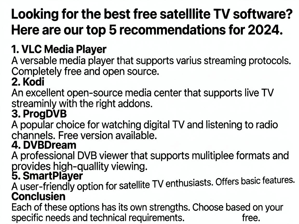 Looking for the best free satellite TV software? Here are our top 5 recommendations for 2024.<br><br><h2>1. VLC Media Player</h2><br>A versatile media player that supports various streaming protocols. Completely free and open source.<br><br><h2>2. Kodi</h2><br>An excellent open-source media center that supports live TV streaming with the right addons.<br><br><h2>3. ProgDVB</h2><br>A popular choice for watching digital TV and listening to radio channels. Free version available.<br><br><h2>4. DVBDream</h2><br>A professional DVB viewer that supports multiple formats and provides high-quality viewing.<br><br><h2>5. SmartPlayer</h2><br>A user-friendly option for satellite TV enthusiasts. Offers basic features for free.<br><br><h2>Conclusion</h2><br>Each of these options has its own strengths. Choose based on your specific needs and technical requirements.